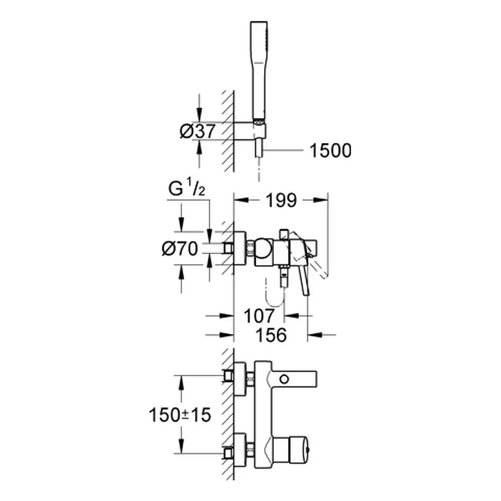 Technische Zeichnung einer Wandmontagearmatur von Grohe mit verschiedenen Maßen und Anschlussoptionen, dargestellt in Seitenansicht und detailiertem Schnitt.