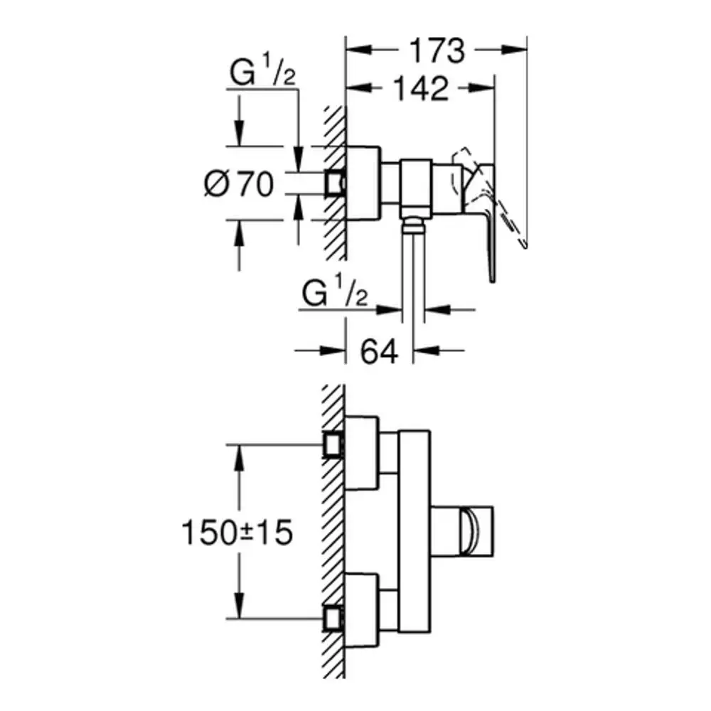 Technische Zeichnung einer Wandmontagearmatur von Grohe. Seitliche und frontale Ansichten mit Maßen, Anschlussgrößen und Positionsangaben.