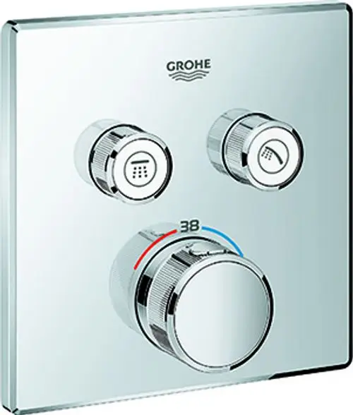 Thermostat von Grohe mit drei Bedienelementen auf einer quadratischen, verchromten Oberfläche. Zwei Absperrventile und eine Temperaturanzeige sind vorhanden.