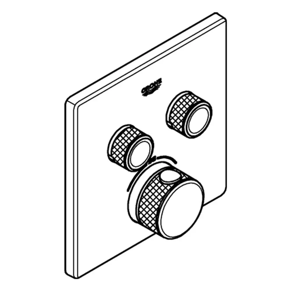 Thermostatsteuerung von Grohe mit zwei Drehknöpfen zur Bedienung und zwei Absperrventilen, in quadratischer Form und chromfarbigem Finish.