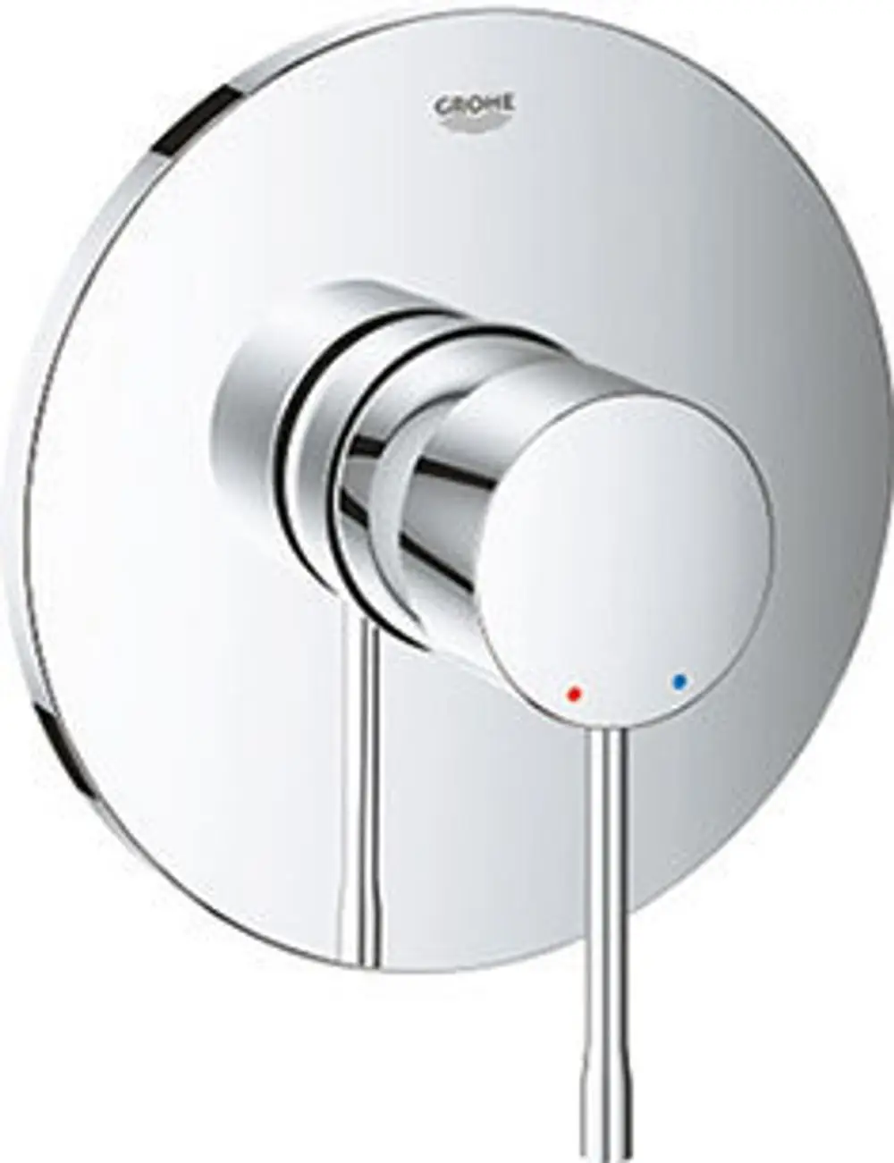 Grohe Wasserhahn mit verchromter Oberfläche, rundem Design und einem Hebel zur Temperatur- und Mengenregulierung. Angedeutete rote und blaue Punkte für heißes und kaltes Wasser.