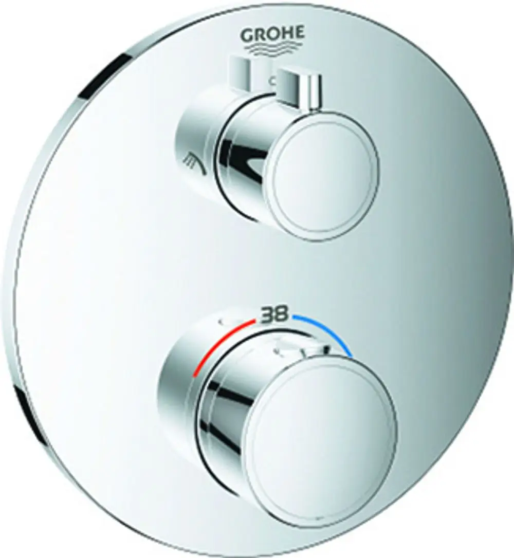 Edelstahlfarbener Grohe-Duschthermostat mit zwei Reglern zur Temperatur- und Wassermengensteuerung, auf runder Wandplatte montiert.