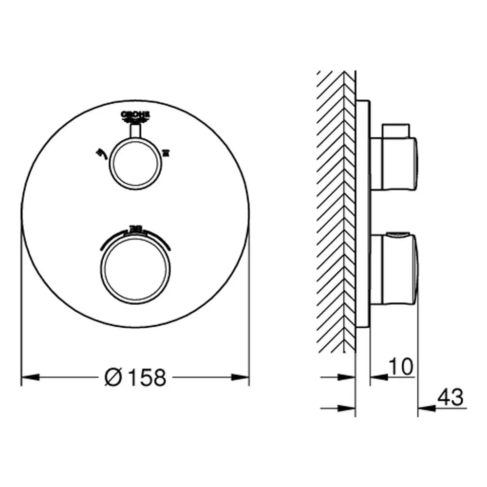Runde Grohe-Brausebatterie mit zwei Abgängen, Ansicht von vorne und von der Seite, mit Abmessungen und Anschlussmöglichkeiten.