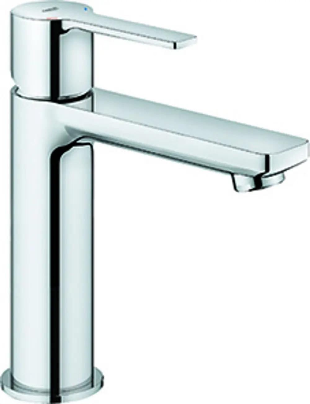 Einhand-Waschtischbatterie von Grohe in verchromtem Finish mit flacher Auslaufkante und seitlichem Hebel für die Warm- und Kaltwasserregelung.