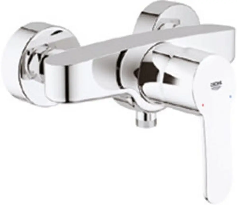 Wandmontierte Grohe-Brausebatterie in Chrom-Optik mit einem Hebel zur Temperatur- und Durchflussregelung, einfache und elegante Form ohne sichtbare Beschriftung.