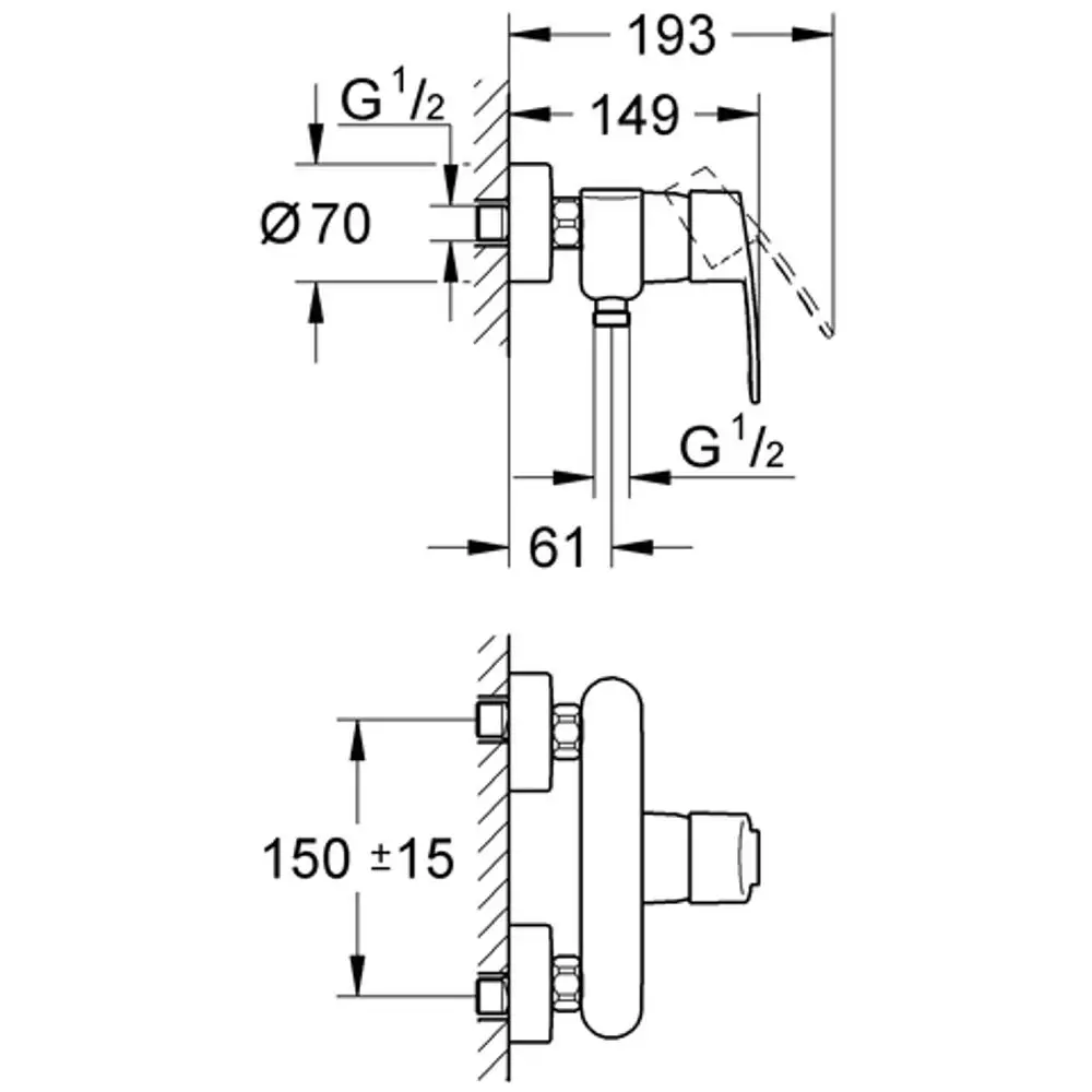 GROHE Brausebatterie mit Wandmontage, grafische Darstellung mit Abmessungen und Anschlussdetails, in Chrom-Ausführung. Kompakte Bauform für Badezimmeranwendungen.