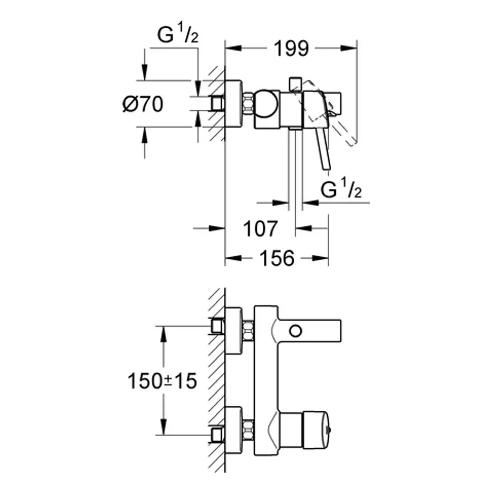 Schematics of a Grohe-Wannenbatterie for wall mounting, showing dimensional details including connection points and various measurements.