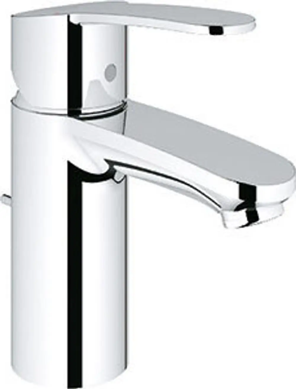Grohe-Waschtischarmatur mit hohem, verchromtem Gehäuse und flacher Hebelbedienung. Der Wasserfluss wird über die Armatur reguliert.
