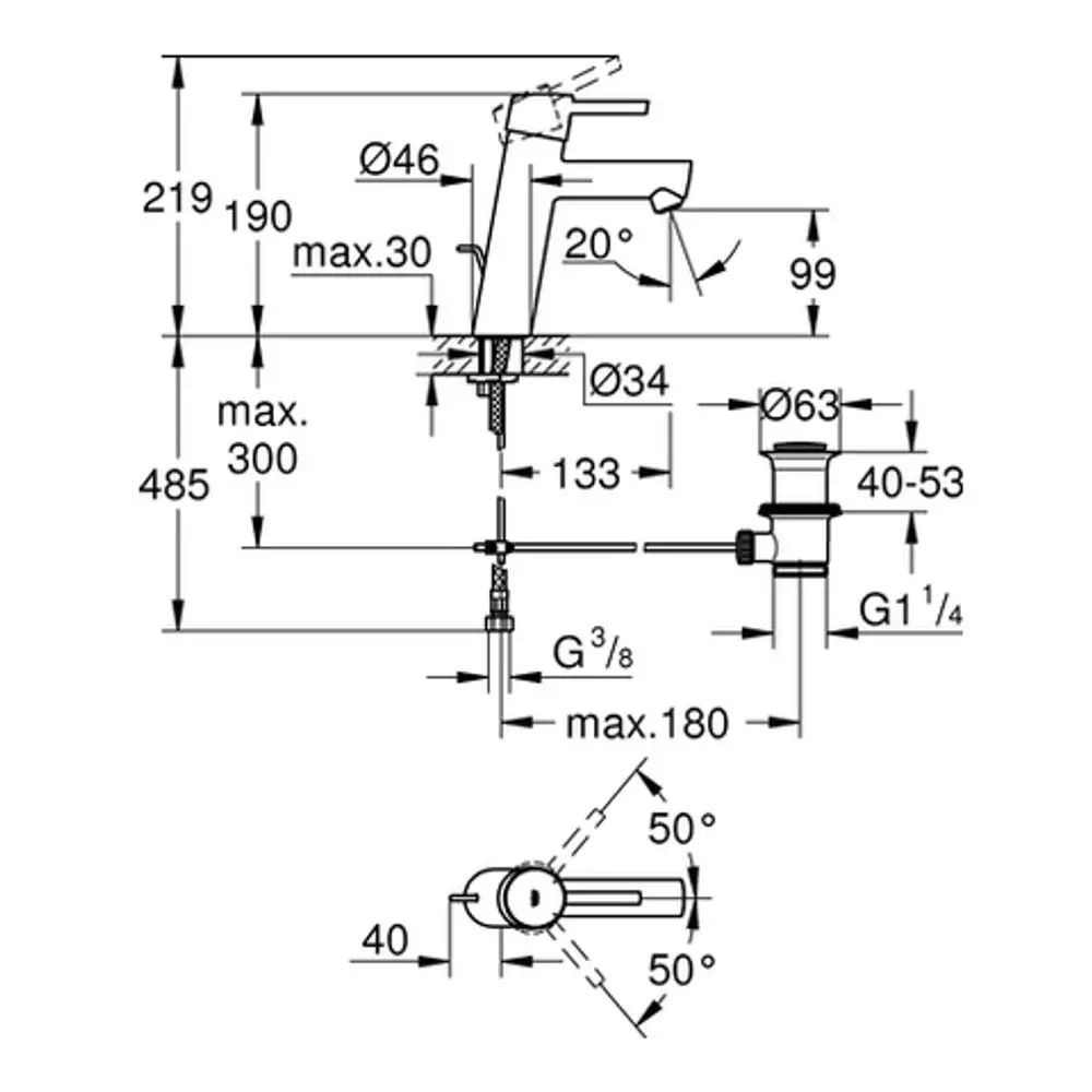 Technische Zeichnung einer Grohe-Waschtischbatterie mit Maßangaben. Darstellung der Armatur und der Installationsdetails mit verschiedenen Durchmessern und Höhen.
