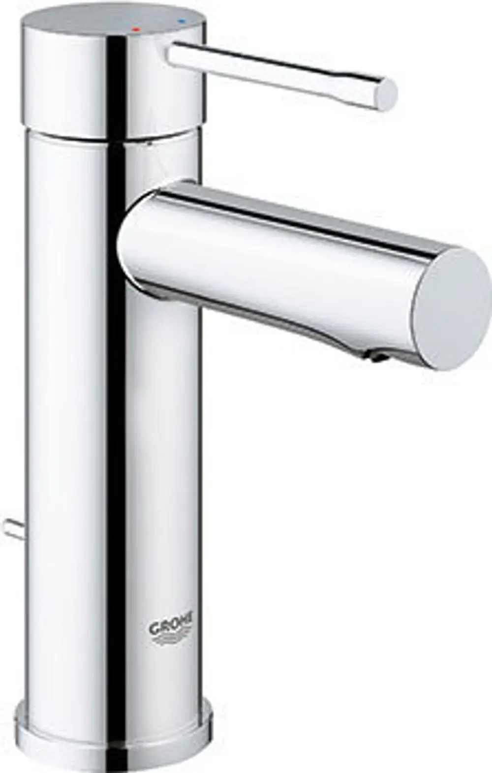 Chromfarbener Wasserhahn von Grohe mit einer schlichten, runden Form und einem schwenkbaren Auslauf. Bedienung durch einen seitlichen Hebel.