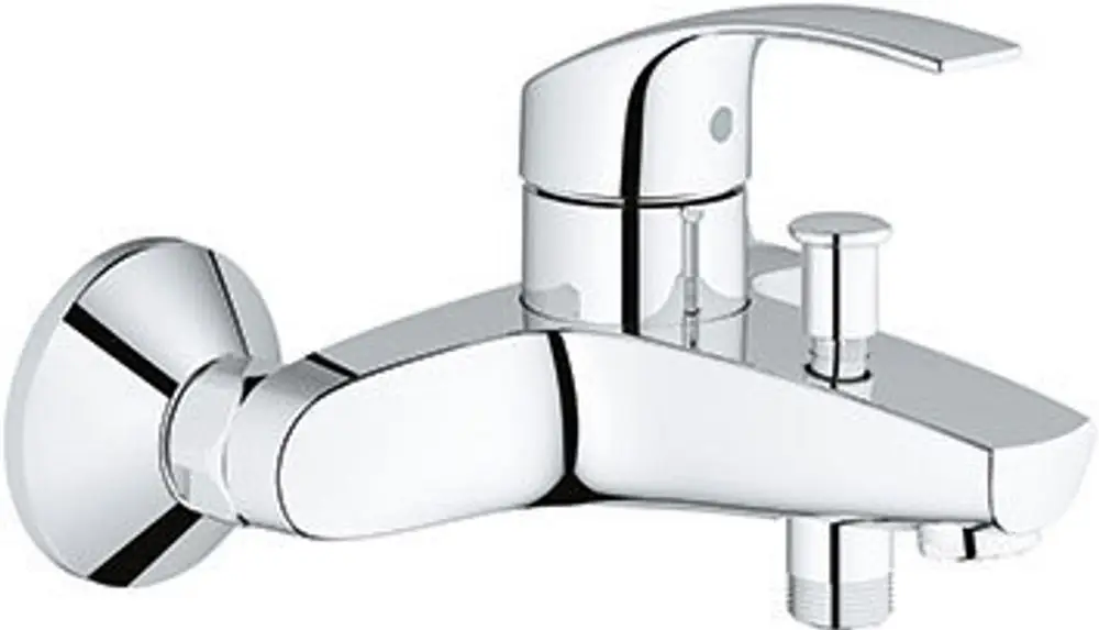 Wannenbatterie von Grohe in verchromtem Finish, wandmontiert. Einfaches Design mit einem Bedienhebel und einem zusätzlichen Hebel zur Temperaturregelung.