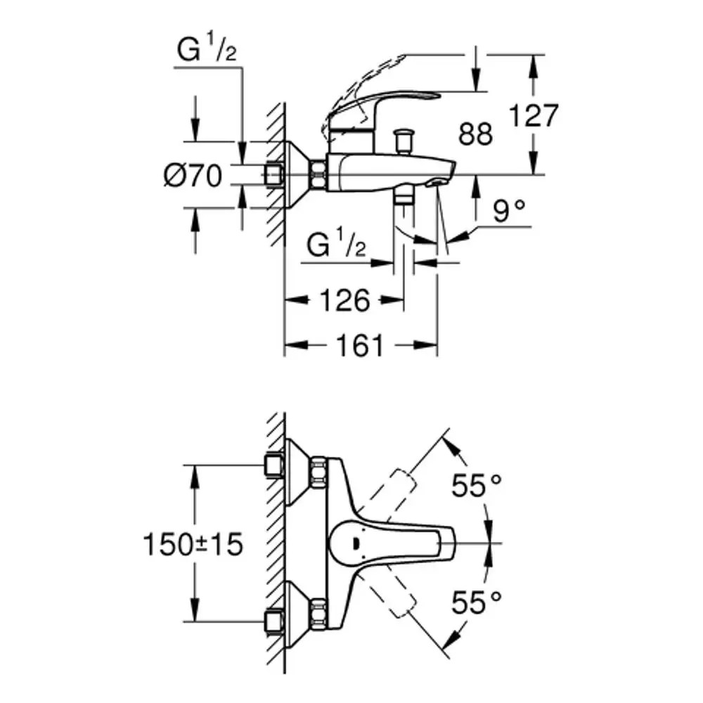 Technische Zeichnung einer GROHE-Wannenbatterie zur Wandmontage. Sichtbar sind Maße, Montagepunkte und Designmerkmale des Produkts.