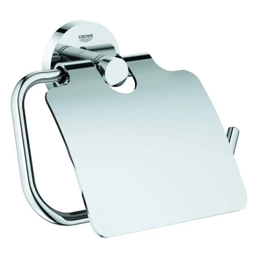 GROHE WC-Papierhalter aus Metall mit Deckel in glänzender Chromoberfläche, montiert an einer Wand. Der Halter hat eine moderne Form und eine praktische Funktion.