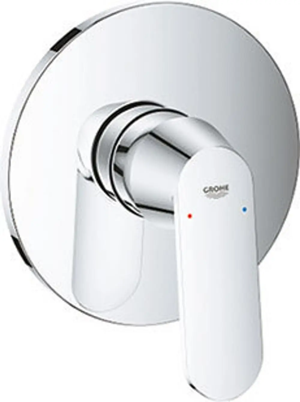 Ein thermostatischer Wasserhahn in chrom, designed von Grohe, mit einem gewählten Temperaturregler und rot-blauen Markierungen für warmes und kaltes Wasser.