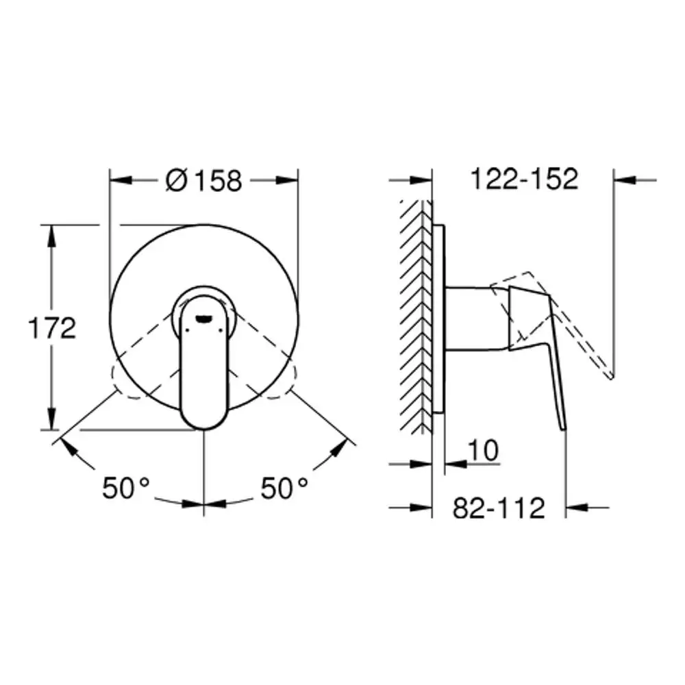 Technische Zeichnung einer Grohe-Brausebatterie mit verschiedenen Maßen und Details zu Montage und Design. Sichtbare Übereinstimmung von Auswahl und Funktionalität.