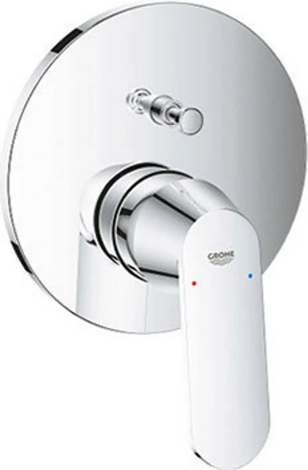 Ein verchromter Wasserhahn von Grohe mit einem modernen, minimalistischen Design, einschließlich eines Hebels zur Temperatur- und Wassermengenregulierung.