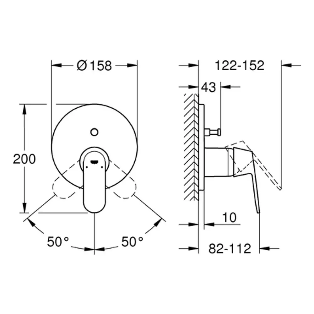 Schematische Darstellung einer Grohe Wannenbatterie mit Maßen und Installationsdaten. Seitenansicht und Draufsicht zeigen Montageoptionen und Abmessungen.