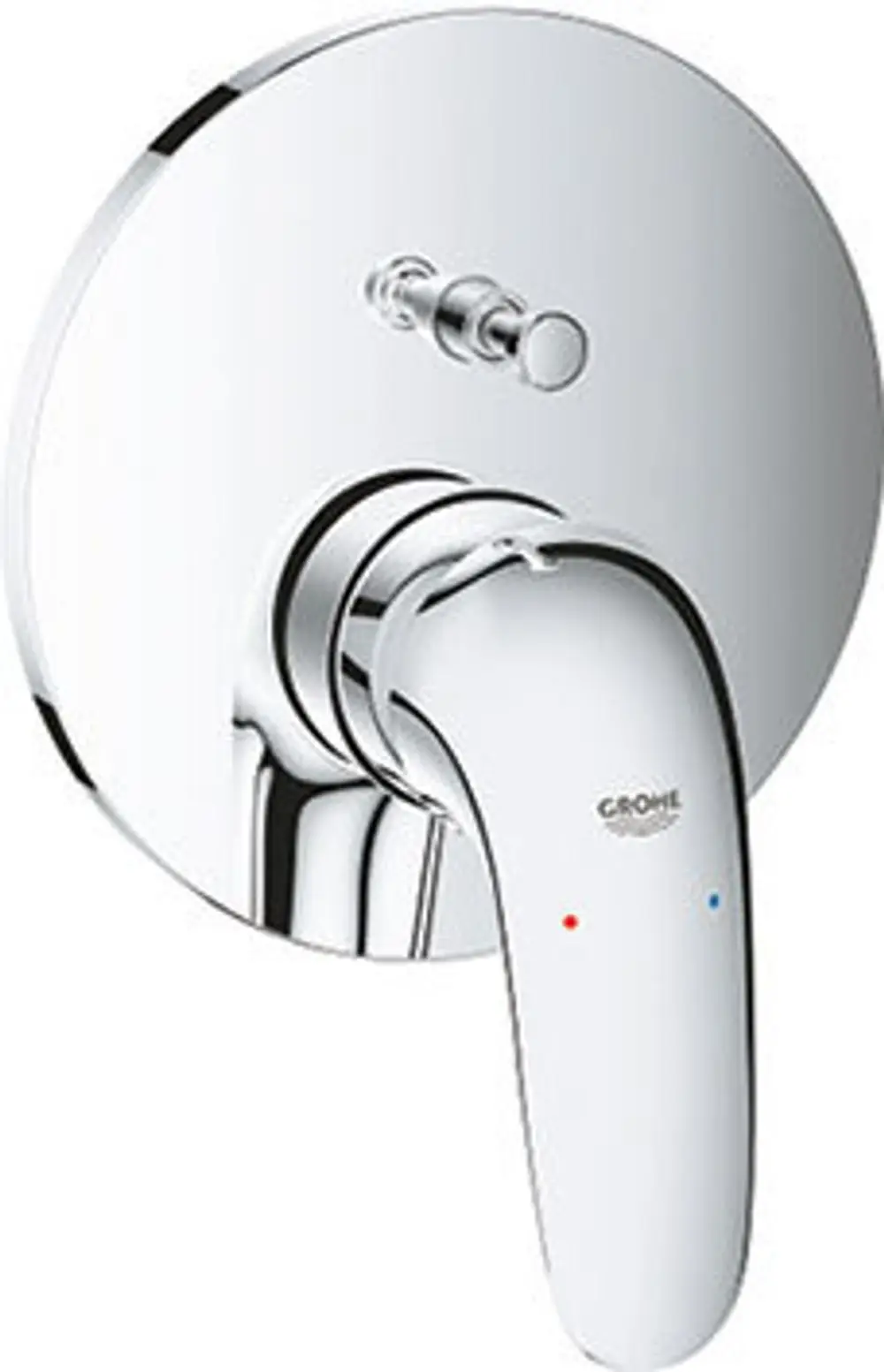 GROHE-Wannenbatterie in Chrom-Optik mit einem Hebel zur Steuerung der Temperatur und des Wasserflusses, montiert auf einer runden Wandplatte.