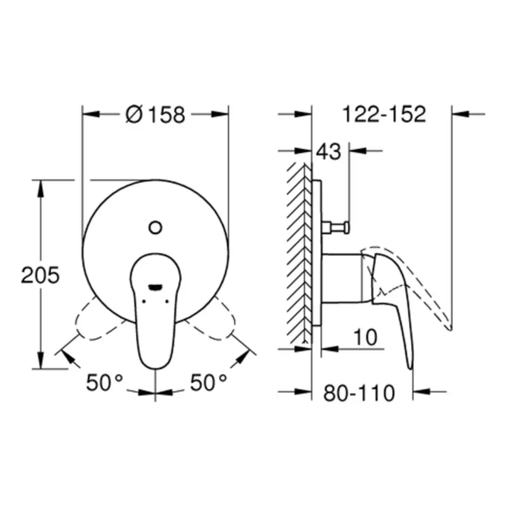 GROHE Armatur mit runder Abdeckung, seitlichem Bedienhebel und verschiedenen Höhen- und Abstandsmessungen, geeignet für Wandmontage. Skizze zeigt Maße und Ausrichtung.