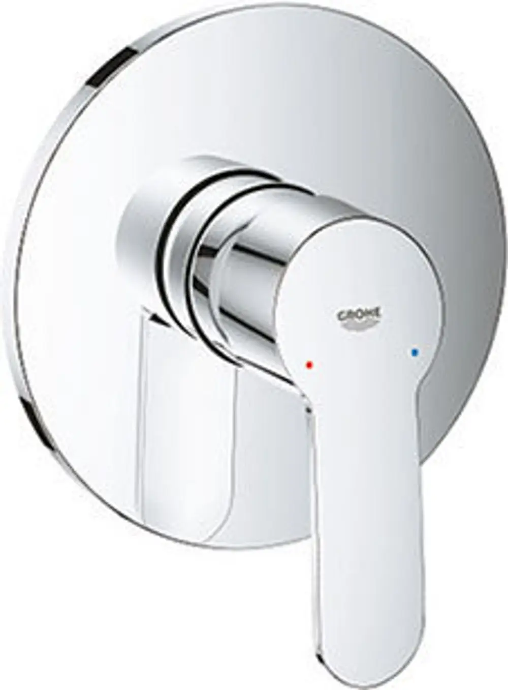 Grohe-Wannenarmatur in chrom mit einem runden Bedienhebel zur Steuerung von Wasserfluss und Temperatur. Der Hebel hat farbige Markierungen für heißes und kaltes Wasser.