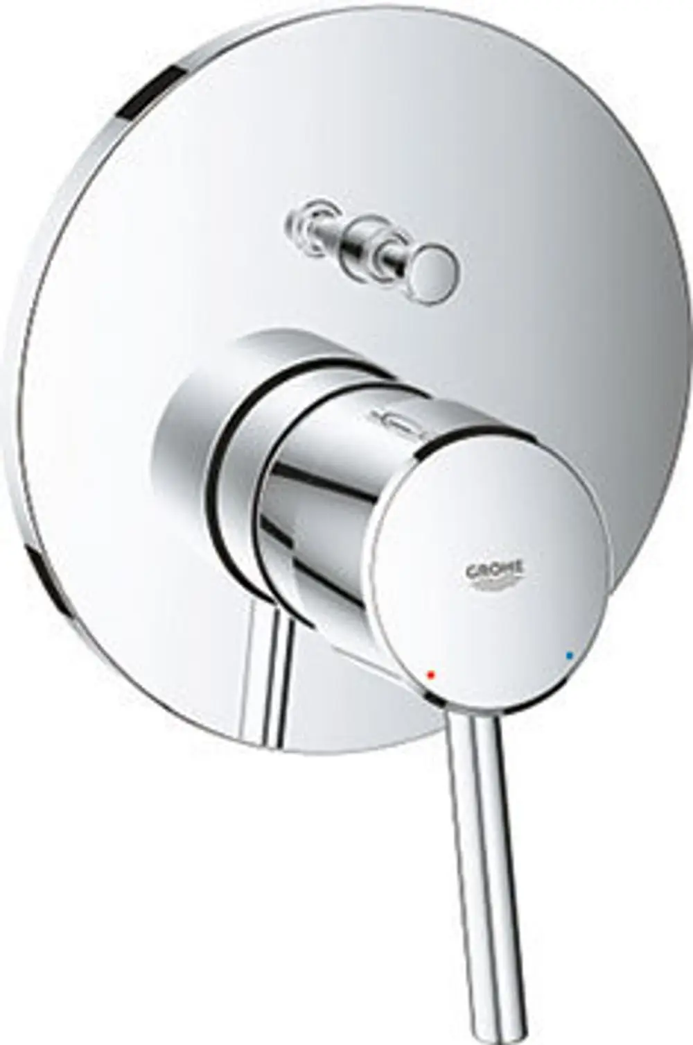 Chromfarbener Wannenbatterie von Grohe mit einem festen Bedienelement und einem Druckknopf. Einfaches, modernes Design für die Badezimmerinstallation.