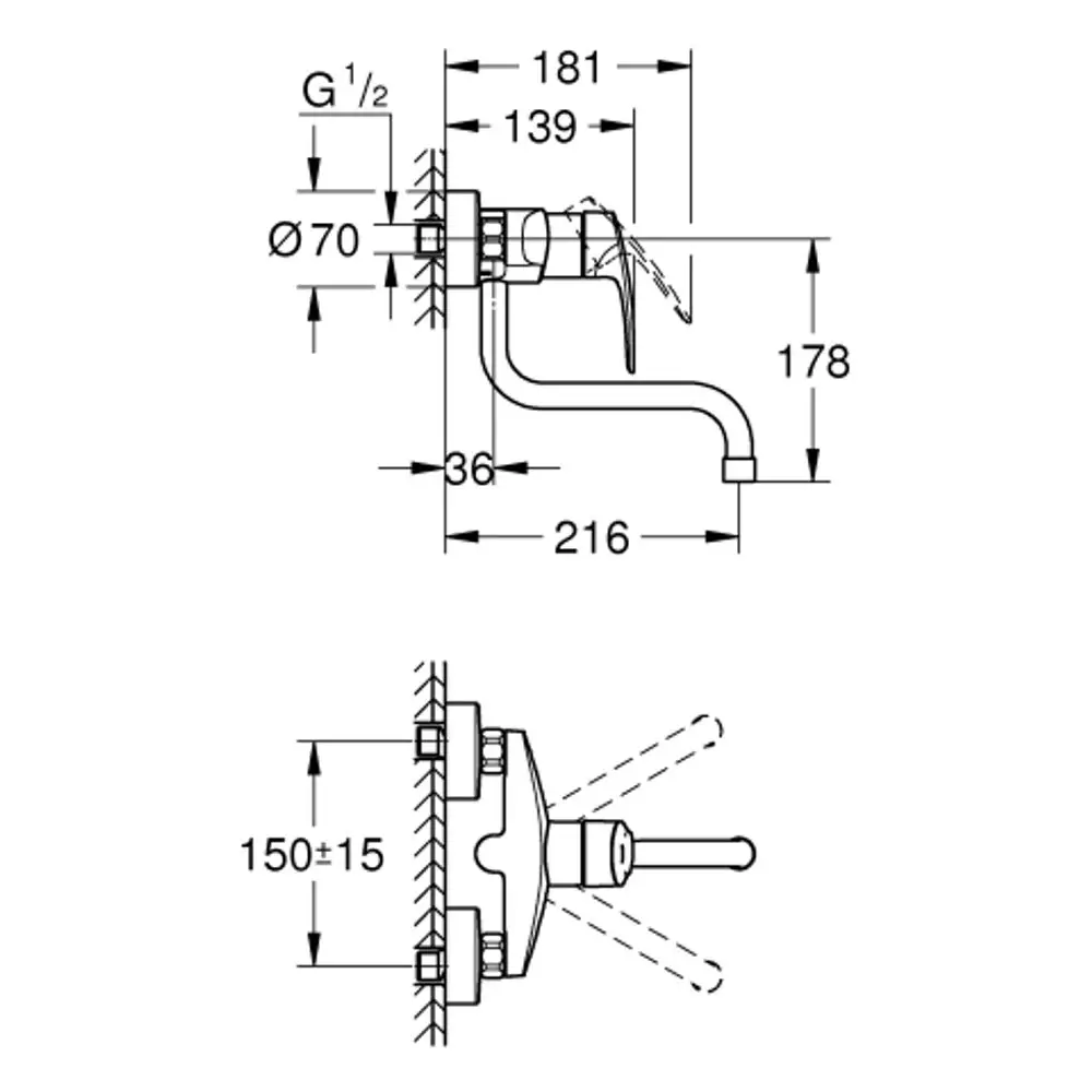 Wandmontierte Grohe Einhandmischbatterie mit einem L-förmigen Auslauf. Die Installation erfolgt über eine Montageplatte. Maße sind im Schema dargestellt.