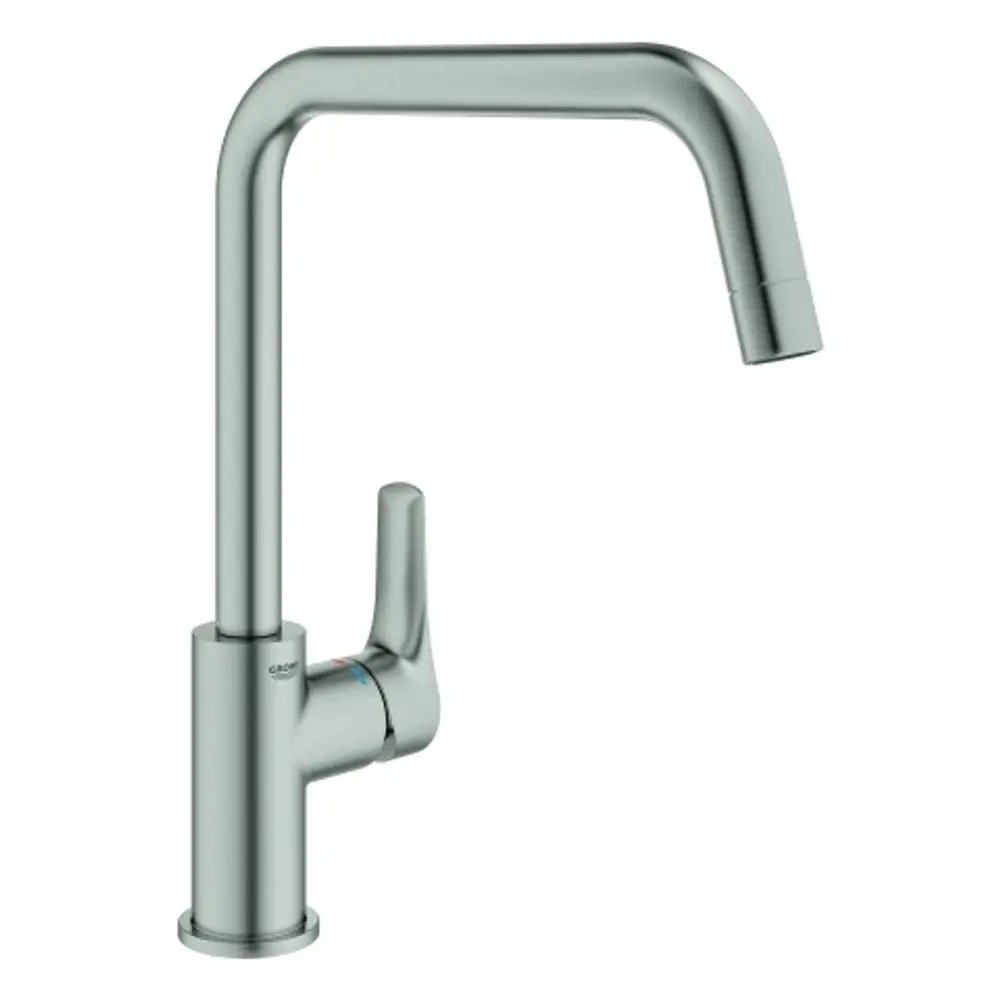 Ein Edelstahl-Wasserhahn mit hohem Auslauf und einem seitlichen Hebel, hergestellt von Grohe. Die Oberfläche hat ein modernes Finish und ist funktional gestaltet.
