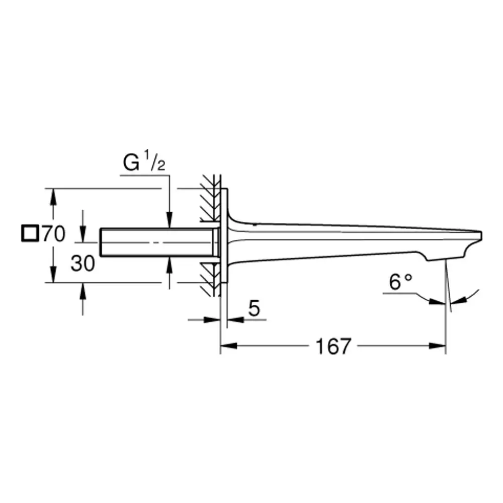 GROHE Wandmontagearm für Wanneneinlauf mit einem schlanken, gebürsteten Design und einem rohrförmigen Auslauf. Längs Ansicht zeigt Abmessungen und Neigung.