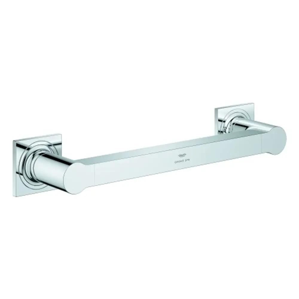 Chromfarbener Wandgriff von Grohe mit quadratischen Halterungen, geeignet für Badezimmeranwendungen. Der Griff hat eine schlichte, moderne Form.
