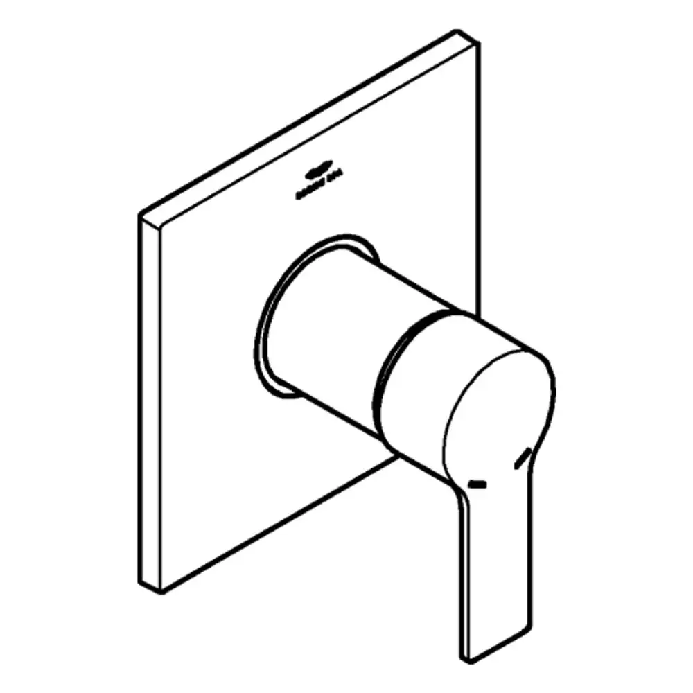 Kreisförmiger Grohe-Wasserhahn mit seitlichem Hebel, montiert auf einer quadratischen Wandplatte. Design für die Steuerung von Wassertemperatur und -fluss.
