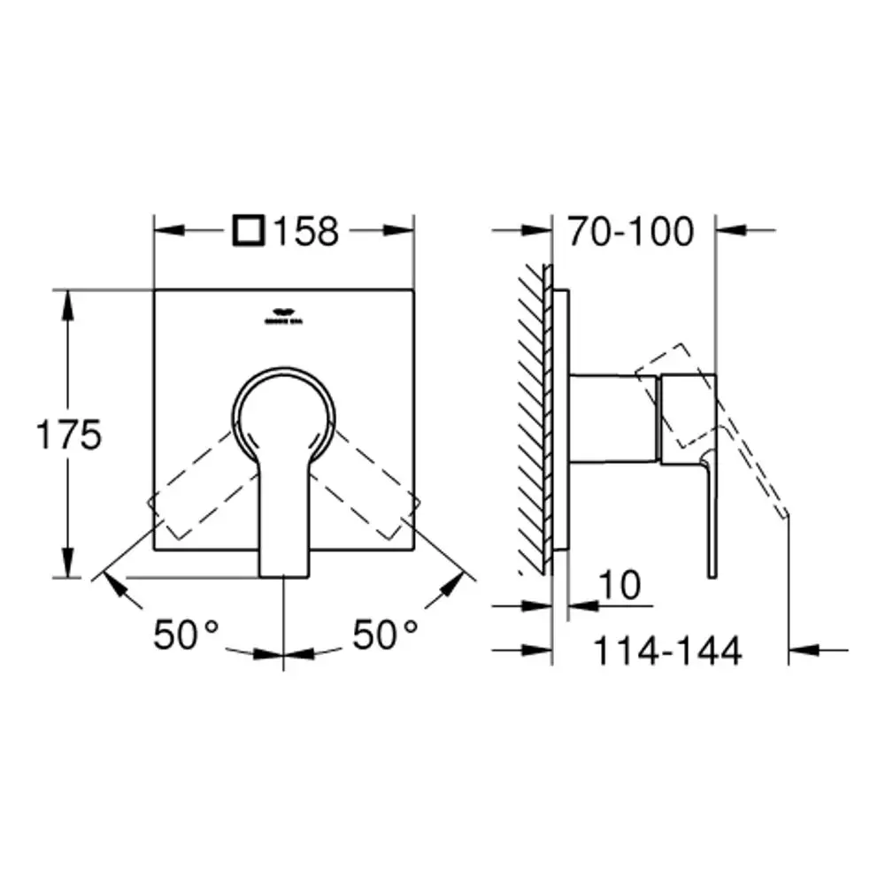 Wandmontierte Brausebatterie von Grohe mit quadratischer Frontplatte und seitlichem Auslauf, Abmessungen und Einbauhinweise sind schematisch dargestellt.