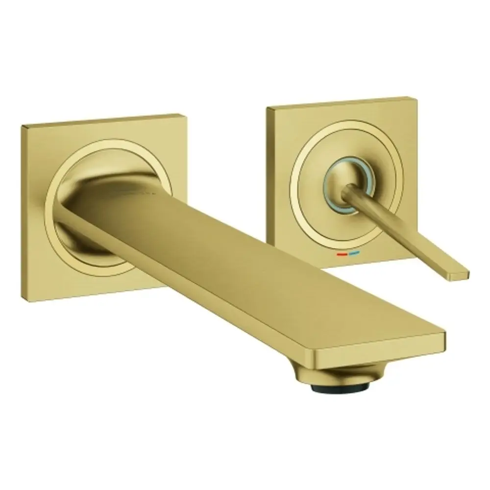Wandbatterie von Grohe mit rechteckigem Auslauf und separatem Bedienhebel. Oberfläche in gebürsteter Ausführung.