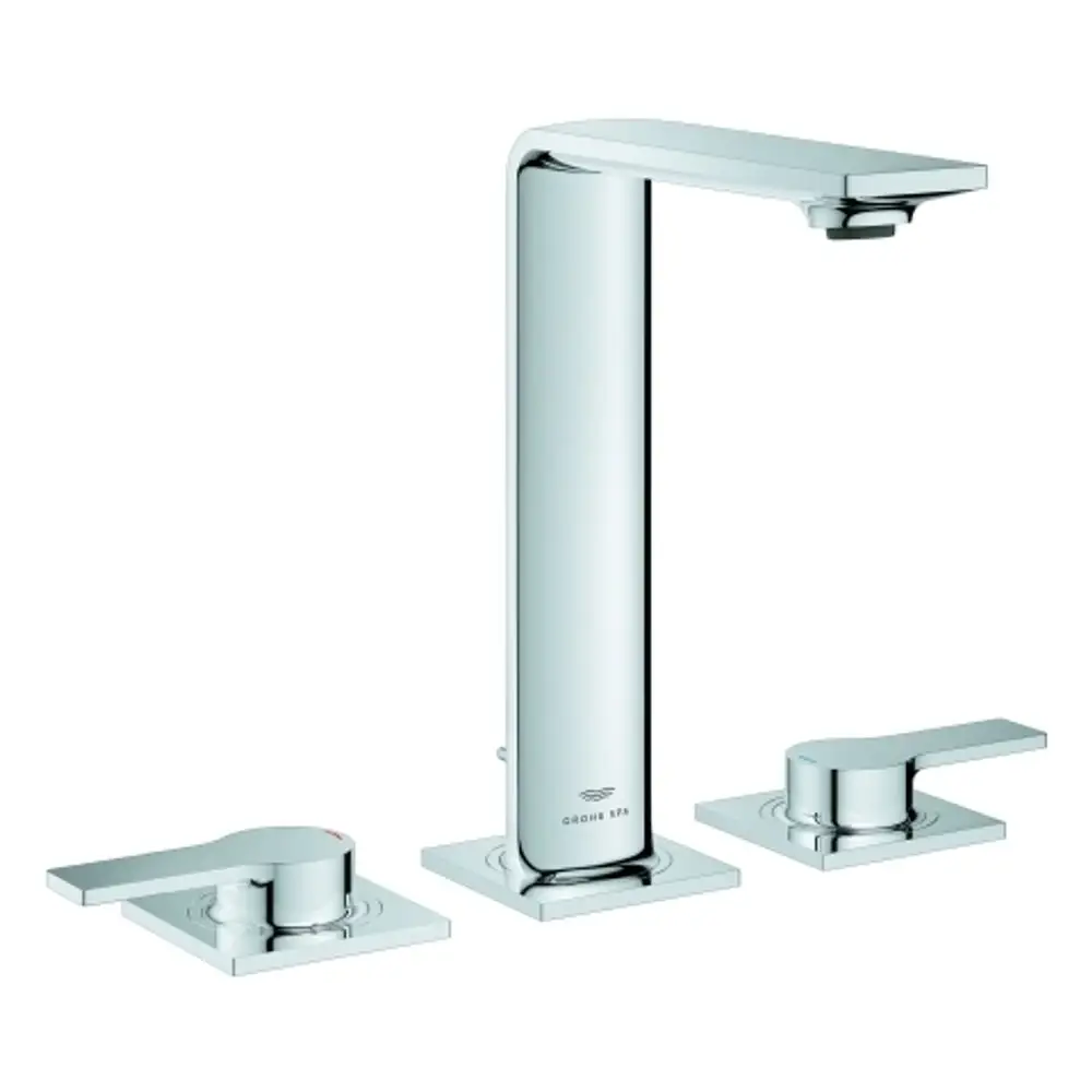 Wasserhahn mit drei Montagepunkten und Hebelgriffen in chrom. Grohe-Design, geeignet für Waschtische. Klare Linien und minimalistische Form.