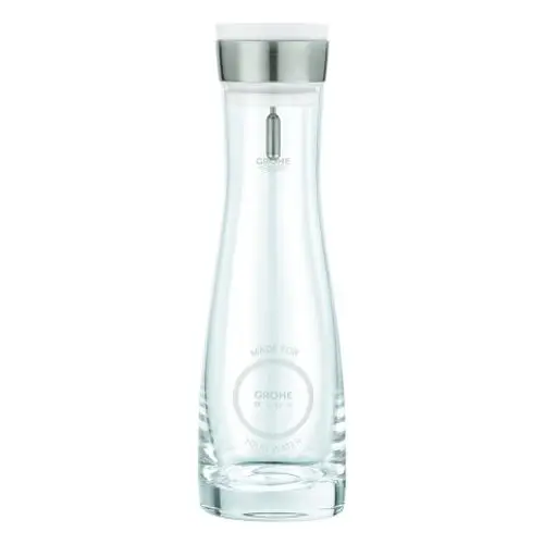 Glaskaraffe mit transparenter Bauweise, Edelstahlverschluss und klarer Beschriftung. Designed für die Marke Grohe, mit Fokus auf Wasseraufbewahrung.