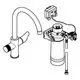 Schematische Darstellung eines Grohe-Armaturensets mit einem Wasserhahn und einem Filter. Komponenten sind miteinander verbunden, um die Funktionsweise zu verdeutlichen.