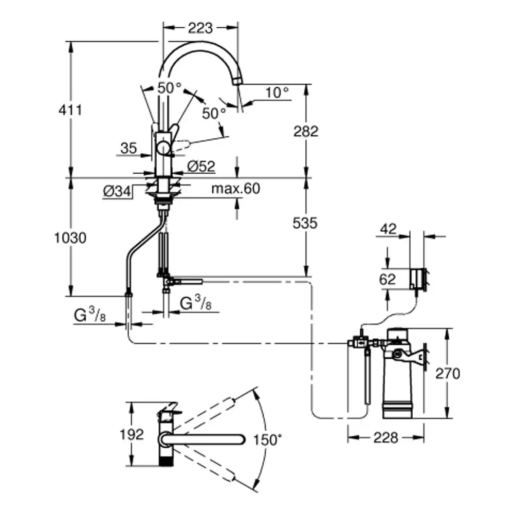 Grohe Wasserhahn mit hohem Auslauf, gekrümmtem Rohr und einarmiger Bedienung. Technische Zeichnung zeigt Maße und Anschlussarten.