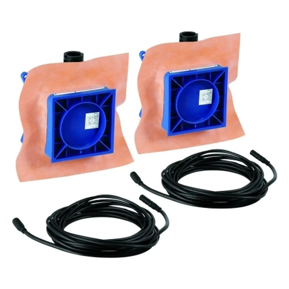 Rohbauset mit zwei blauen Modulen und integrierten Kabeln für den Einbau von Musikmodulen. Geeignet für die Verwendung mit Grohe Produkten.