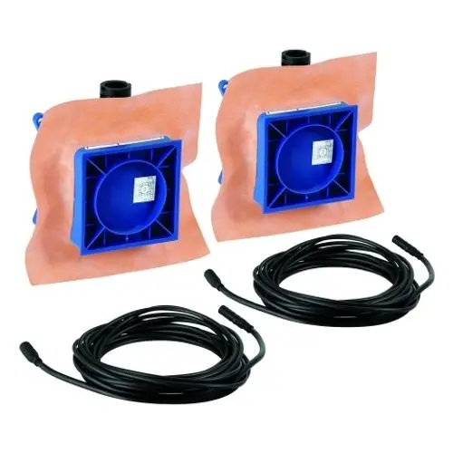 Rohbauset mit zwei blauen Modulen und integrierten Kabeln für den Einbau von Musikmodulen. Geeignet für die Verwendung mit Grohe Produkten.