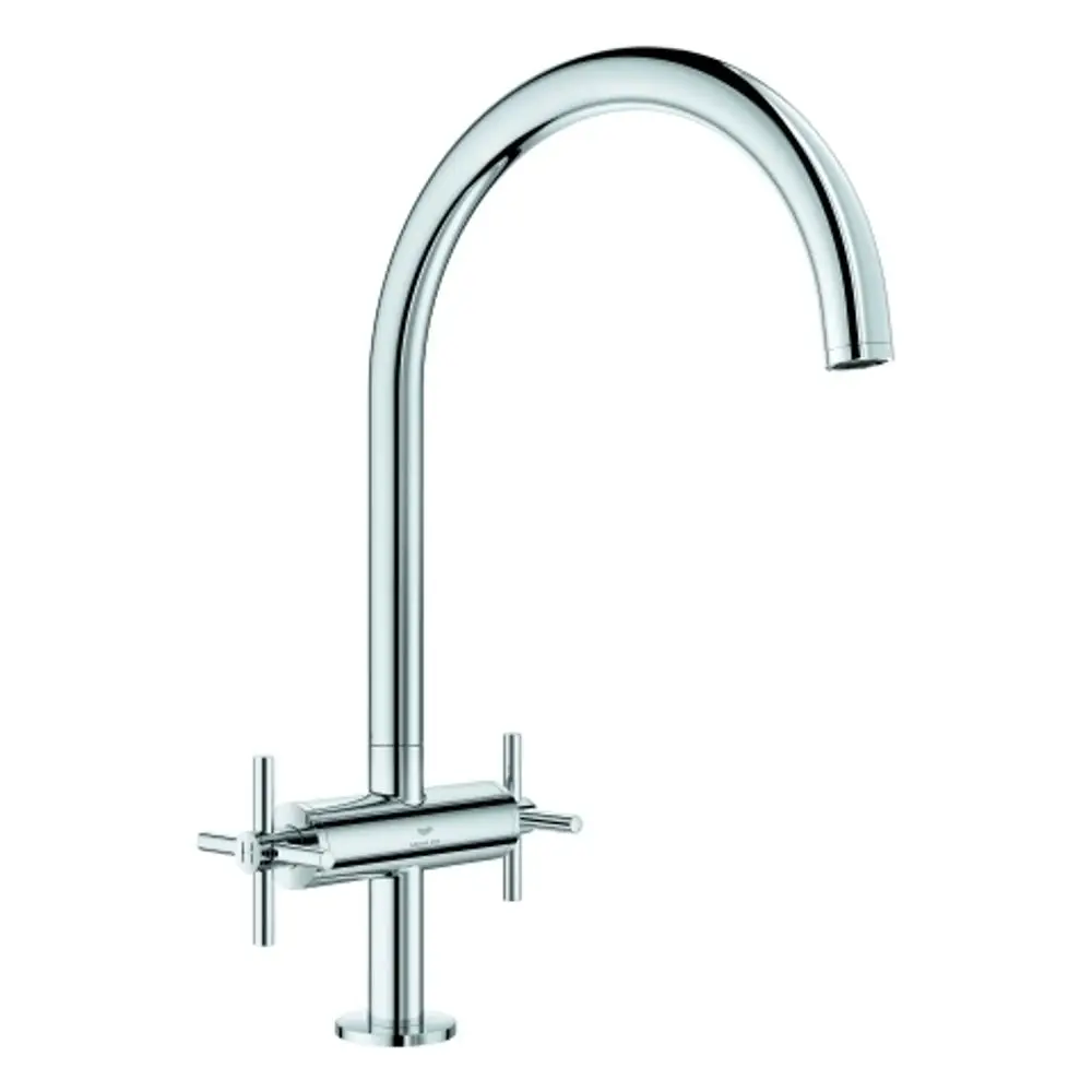 Küchenarmatur von Grohe mit einem hohen, geschwungenen Auslauf und zwei seitlichen Griffen zur Temperatureinstellung. Oberfläche in glänzendem Chrom.