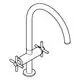 Grohe Wasserhahn mit zwei Griffen und einem gebogenen Auslauf in einer minimalistischen Zeichnung.