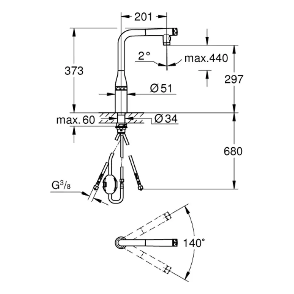 Grohe Armatur mit Dual-Spülbrause, montiert auf einer horizontalen Fläche. Die Struktur umfasst bewegliche Teile und verschiedene Anschlüsse für Wasseranschlüsse.