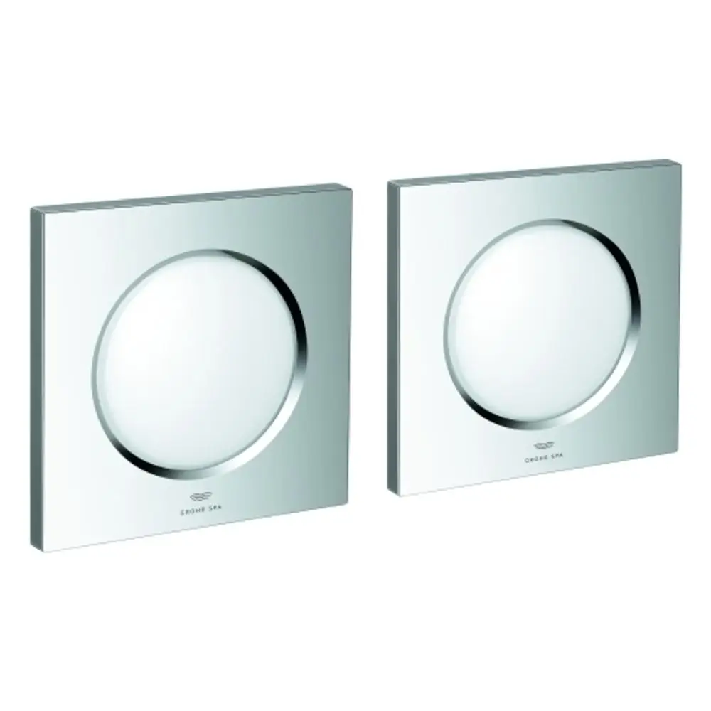 Zwei quadratische Lichtmodule in Chromausführung von Grohe, mit runden Reflektoren in der Mitte. Ideal für den Einsatz in modernen Badezimmern.