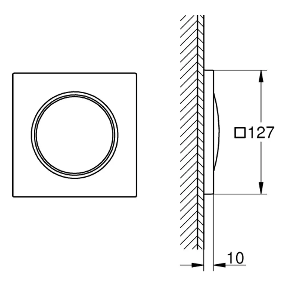 Grohe Lichtmodul in quadratischer Form, mit einem kreisförmigen Ausschnitt in der Mitte. Die Rückseite zeigt eine flache Oberflächenstruktur.