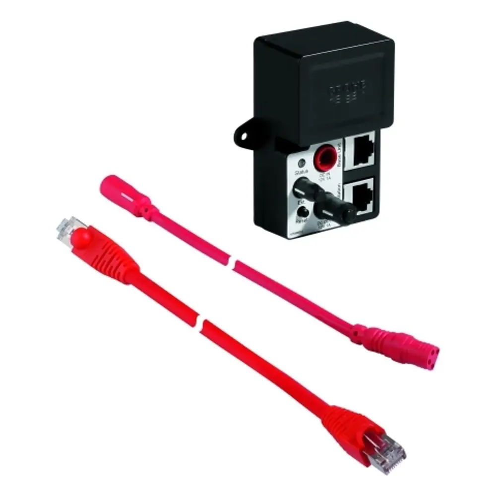 GROHE Empfangseinheit mit mehreren Anschlüssen, darunter Ethernet und RCA. Dazu zwei rote Kabel mit RJ45-Steckern und einer RJ11-Verbindung.