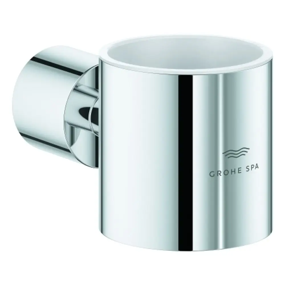 Glänzender Halter für Glas oder Seifenspender von Grohe, mit runder Halterung zur Wandmontage, in chromfarbener Optik.