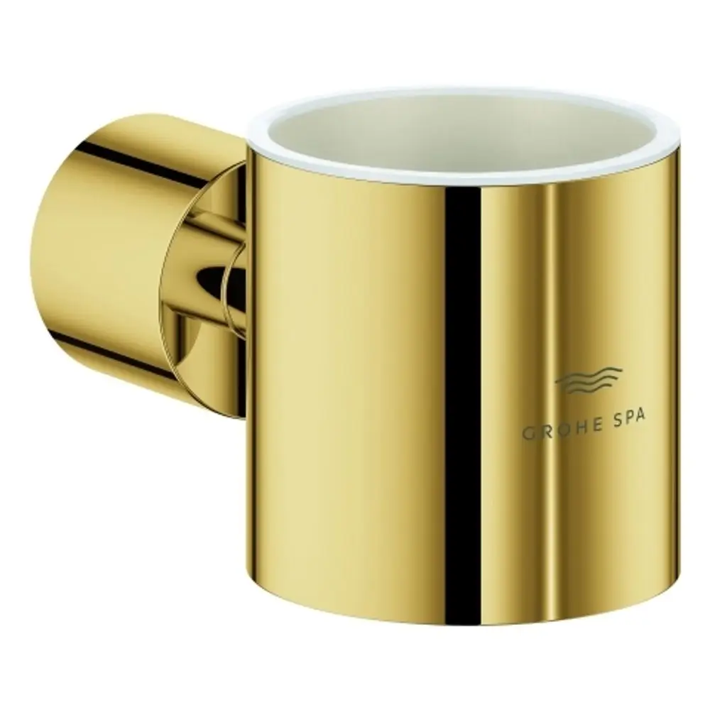 Wandmontierter Glashalter in glänzendem Goldfinish von Grohe, zylinderförmig mit einer runden Wandhalterung. Die Innenseite ist hell gehalten, das Design ist schlicht und funktionell.