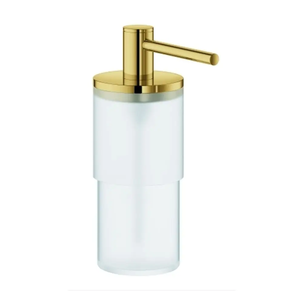 GROHE Seifenspender mit goldener Pumpe und transparentem Behälter, geeignet für Flüssigseife. Moderne Form und Funktionalität in einem Badezimmer-Accessoire.