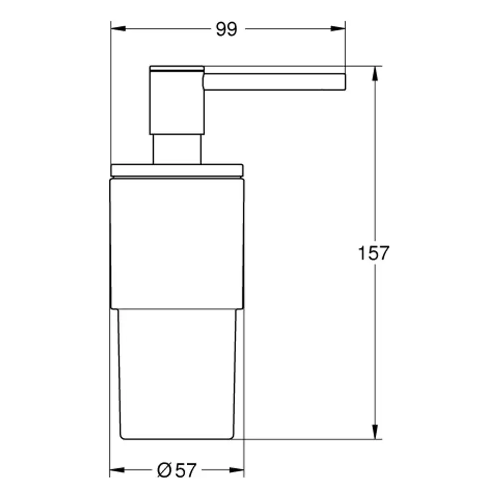 Grohe Seifenspender mit einem klaren Design, Abmessungen in der Zeichnung dargestellt. Der Spender hat eine Pumpe und einen zylindrischen Behälter.