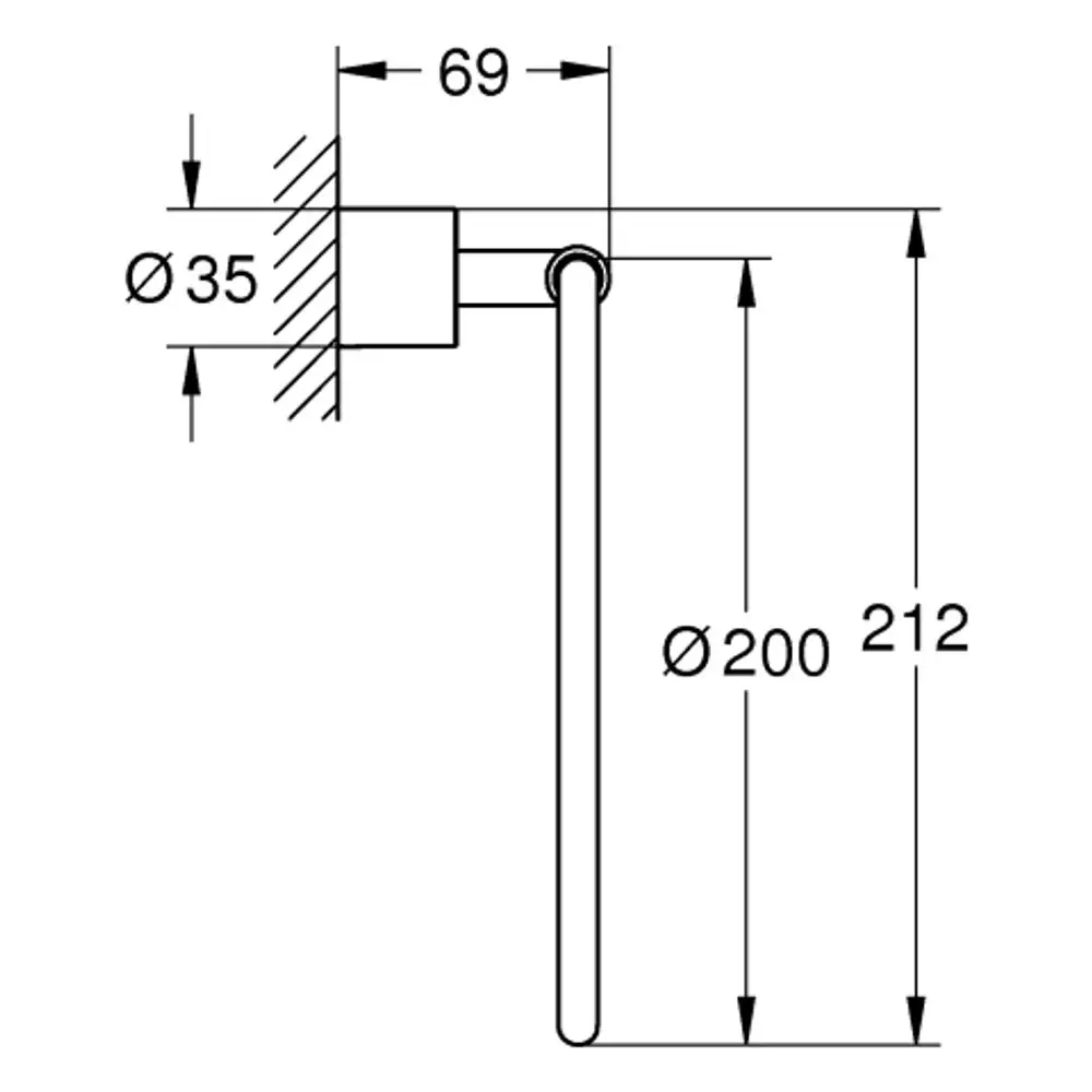 Grohe Handtuchring in chrom, montiert an einer Wand, mit einem runden Halter und einem langen, schlanken Arm, der die Funktion zum Halten von Handtüchern bietet.