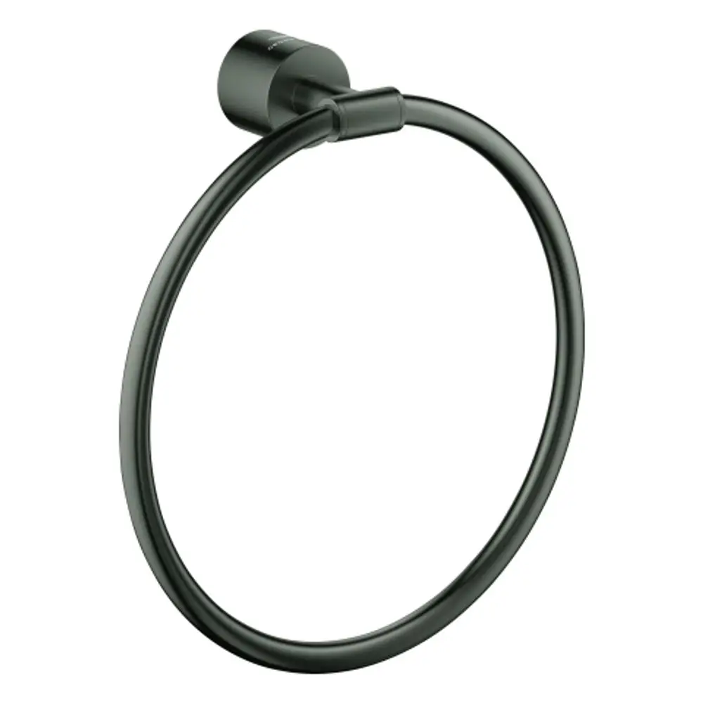 Schwarz gebürsteter Handtuchring an Wand montiert, mit einem runden, geschlossenen Design. Produkt von Grohe.